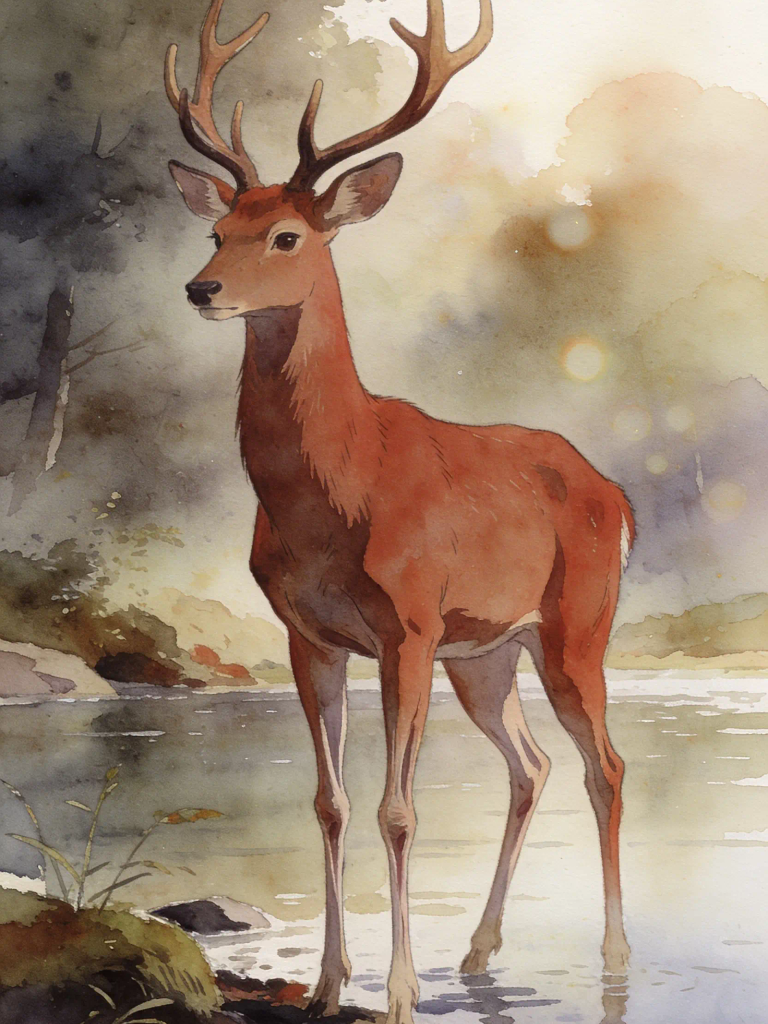 THE STAG LOOKING INTO THE WATER