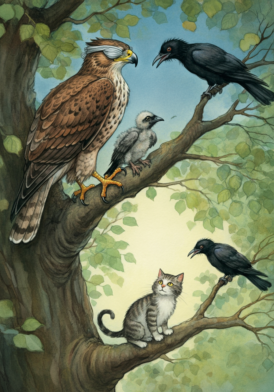 THE HAWK, THE ROOKS, and THE CAT