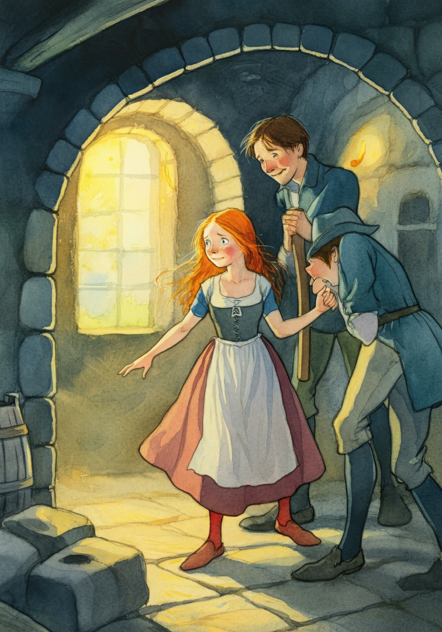 A Ghibli-style illustration of Clever Elsie in the beer cellar.
