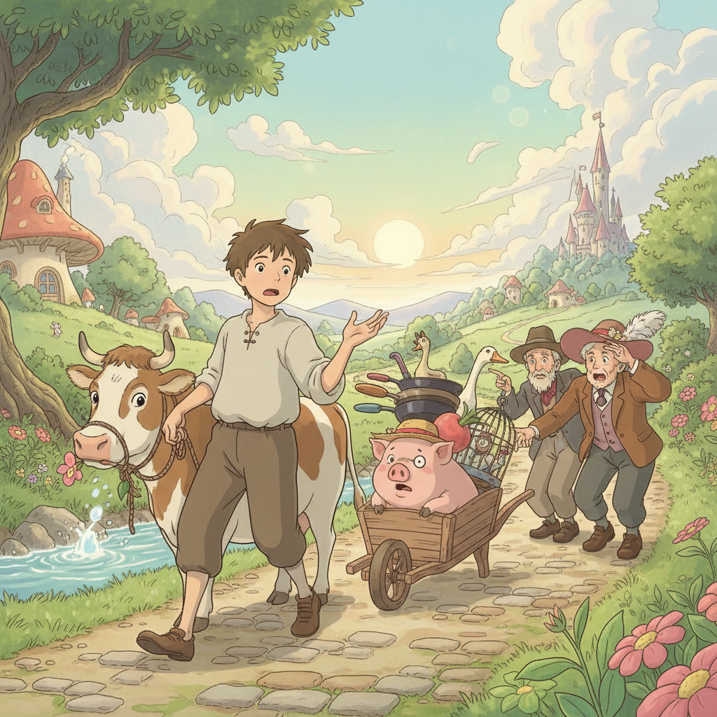 A Ghibli-style illustration of Clever Hans and his humorous journey.