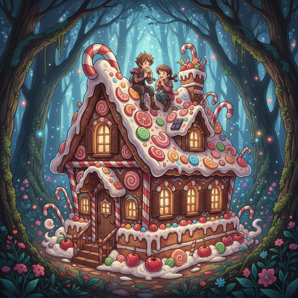 A Ghibli-style illustration of the Gingerbread House in the dark forest.
