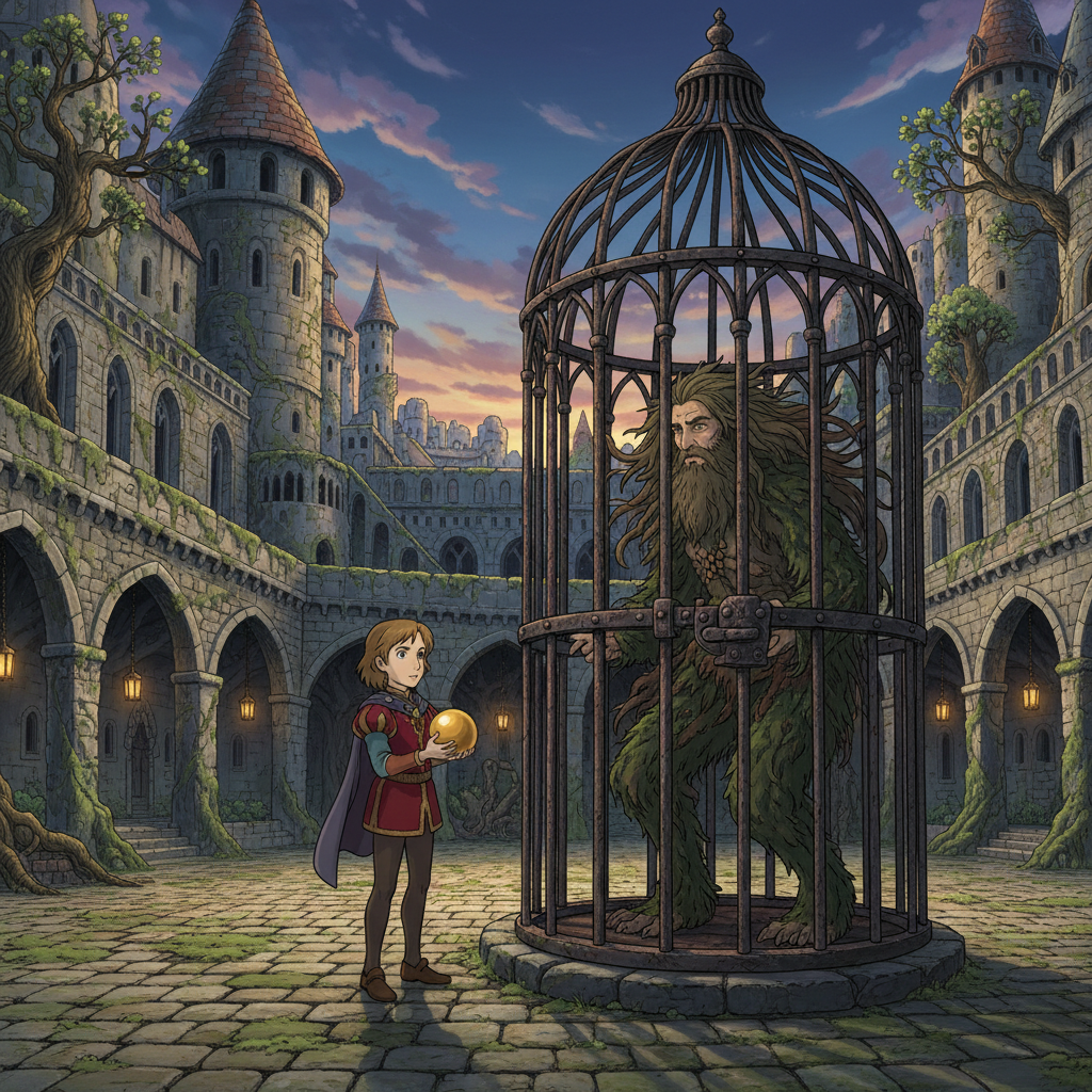 A Ghibli-style illustration of Iron John in his cage.