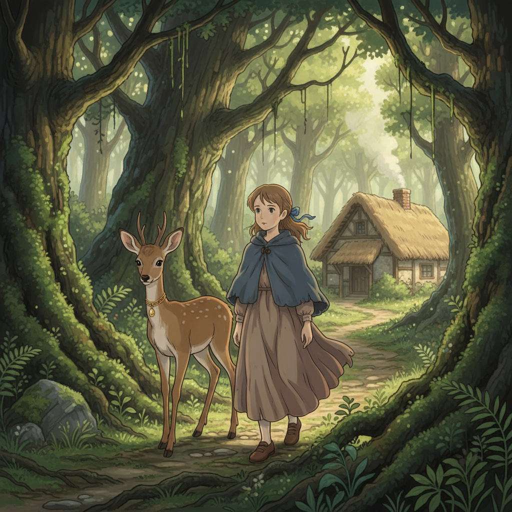 A Ghibli-style illustration of the Little Sister and her brother (the Roe Deer) in the forest.