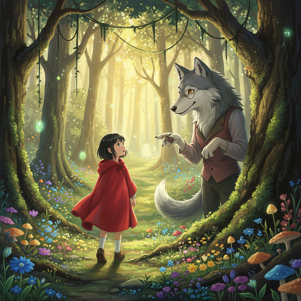 A Ghibli-style illustration of Little Red-Cap meeting the Wolf in the forest.
