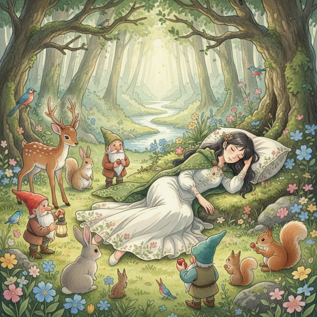 A Ghibli-style illustration of Little Snow-White asleep in the forest with the Dwarfs.