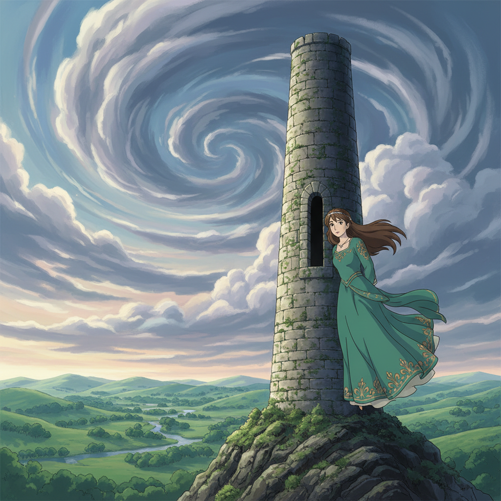 A Ghibli-style illustration of Maid Maleen in her tower.