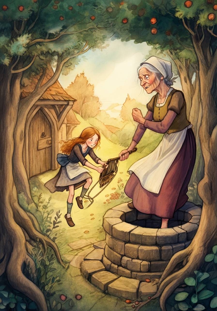 A Ghibli-style illustration of Mother Holle shaking her feather bed in the clouds.