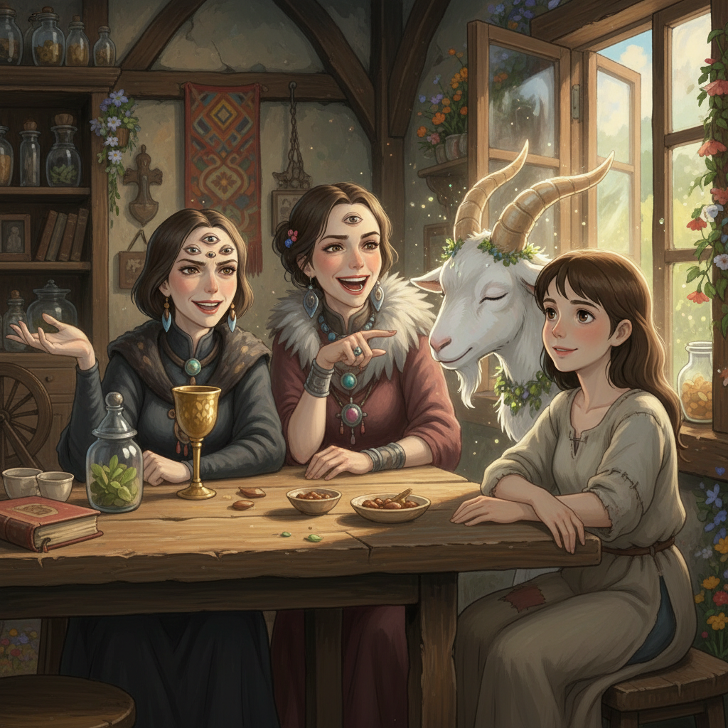 A Ghibli-style illustration of One-Eye, Two-Eyes, and Three-Eyes in their cottage.