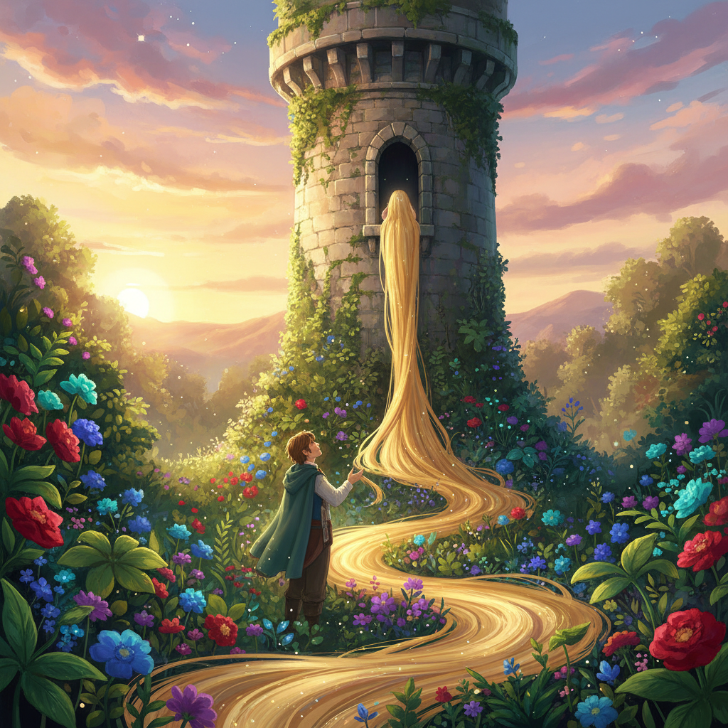 A Ghibli-style illustration of Rapunzel's tower in the enchanted garden.