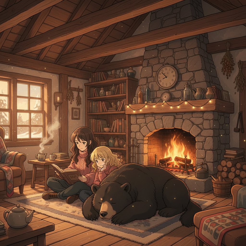 A Ghibli-style illustration of Snow-White, Rose-Red, and the friendly Bear by the fire.