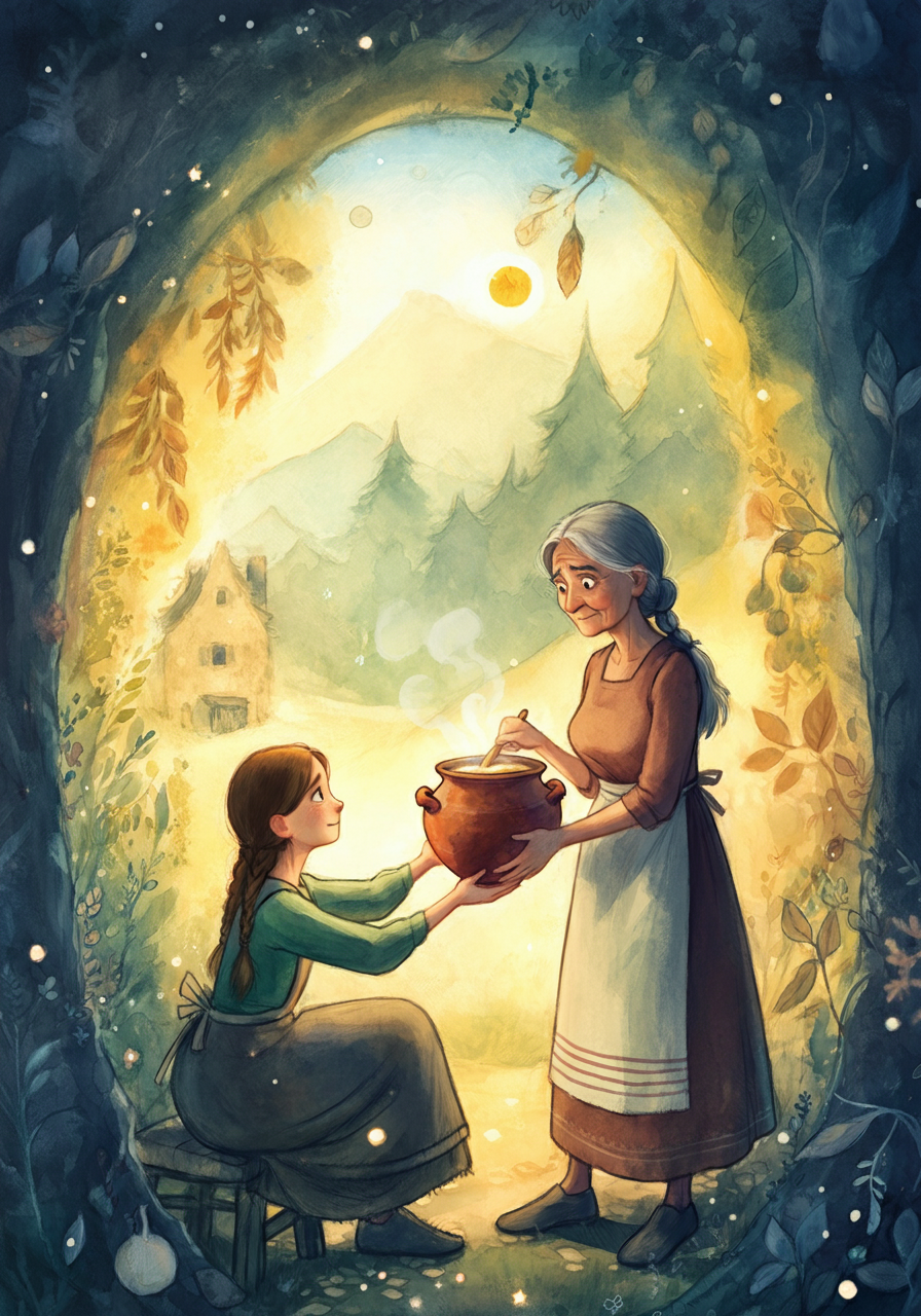 A Ghibli-style illustration of the overflowing magical porridge pot.