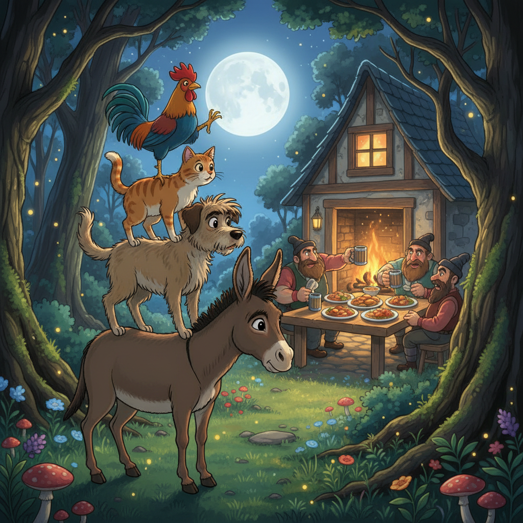 A Ghibli-style illustration of the Bremen Town-Musicians in the forest.