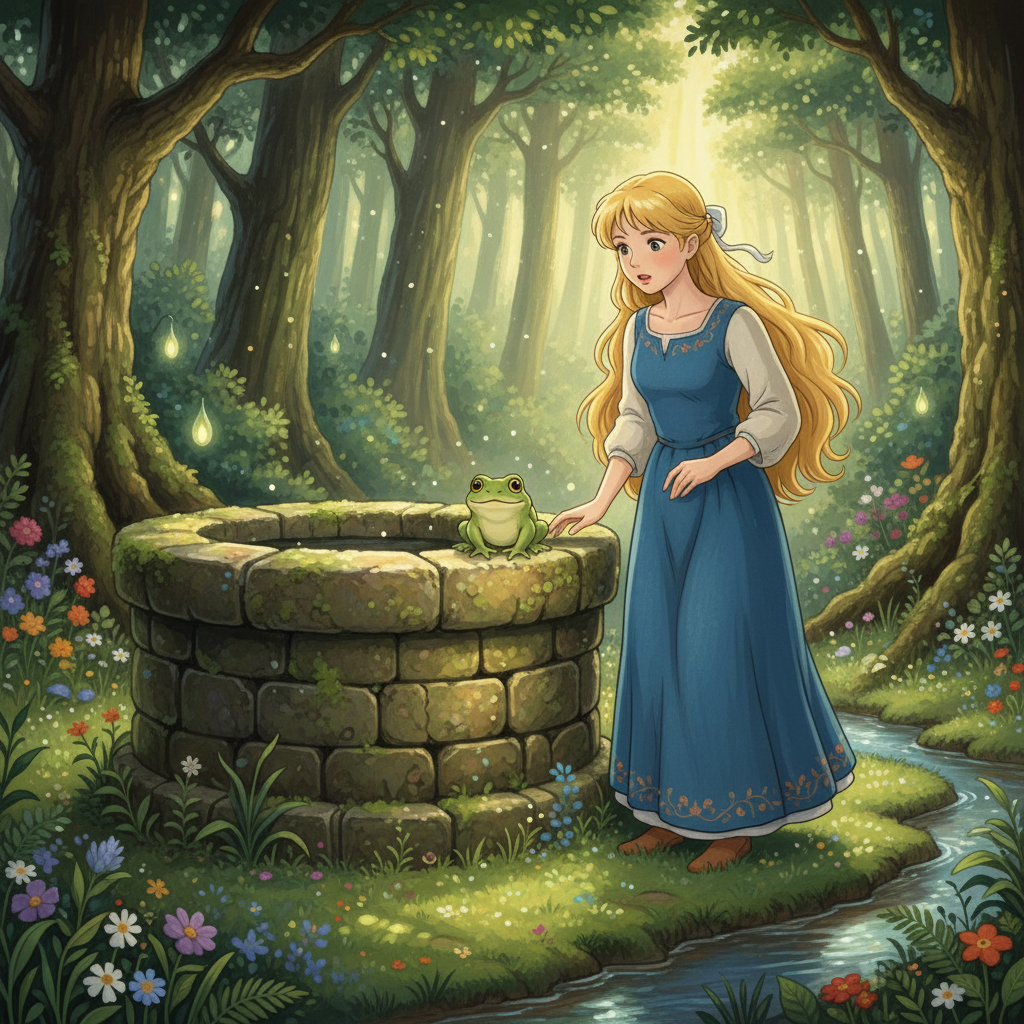 A Ghibli-style illustration of the Princess and the Frog King at the fountain.