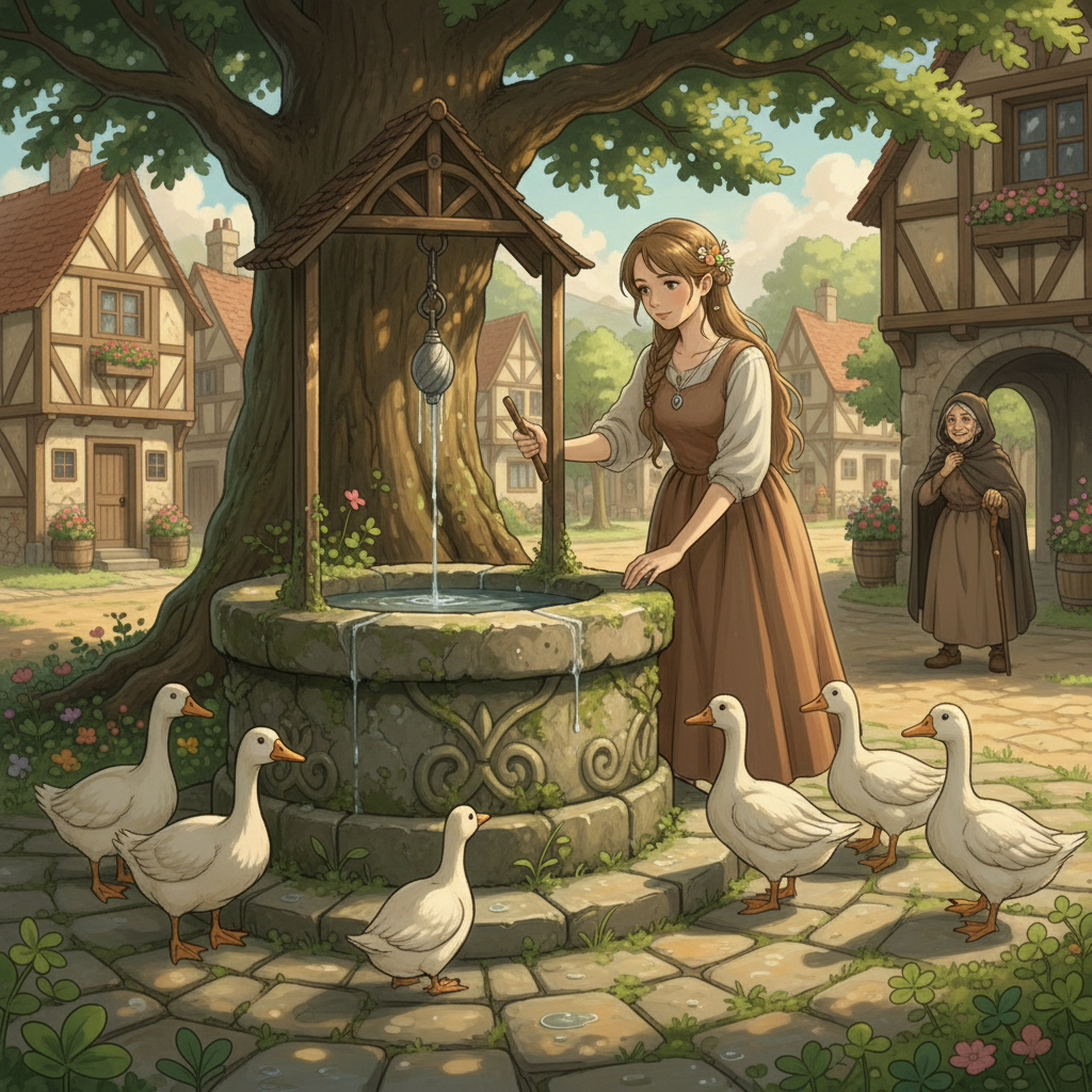 A Ghibli-style illustration of the Goose-Girl at the well.
