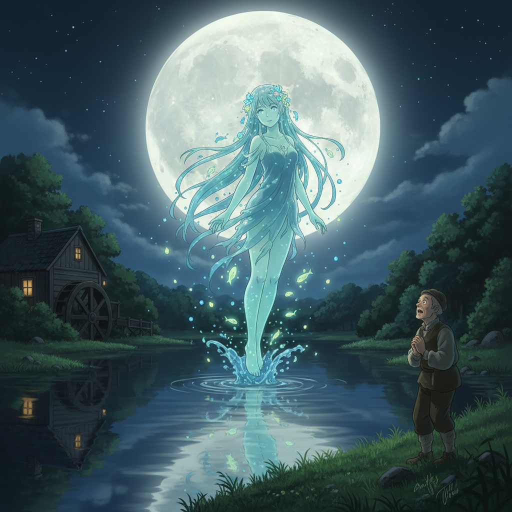 A Ghibli-style illustration of the Nix rising from the mill-pond.