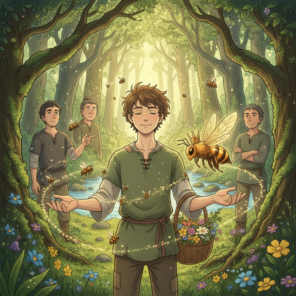 A Ghibli-style illustration of the young man and the Queen Bee.