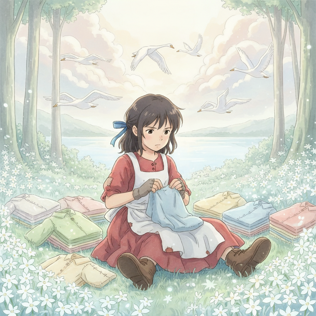 A Ghibli-style illustration of the sister sewing shirts for the Six Swans.