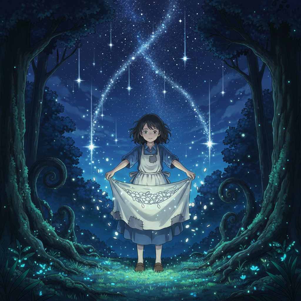 A Ghibli-style illustration of the Stars falling and turning into money.