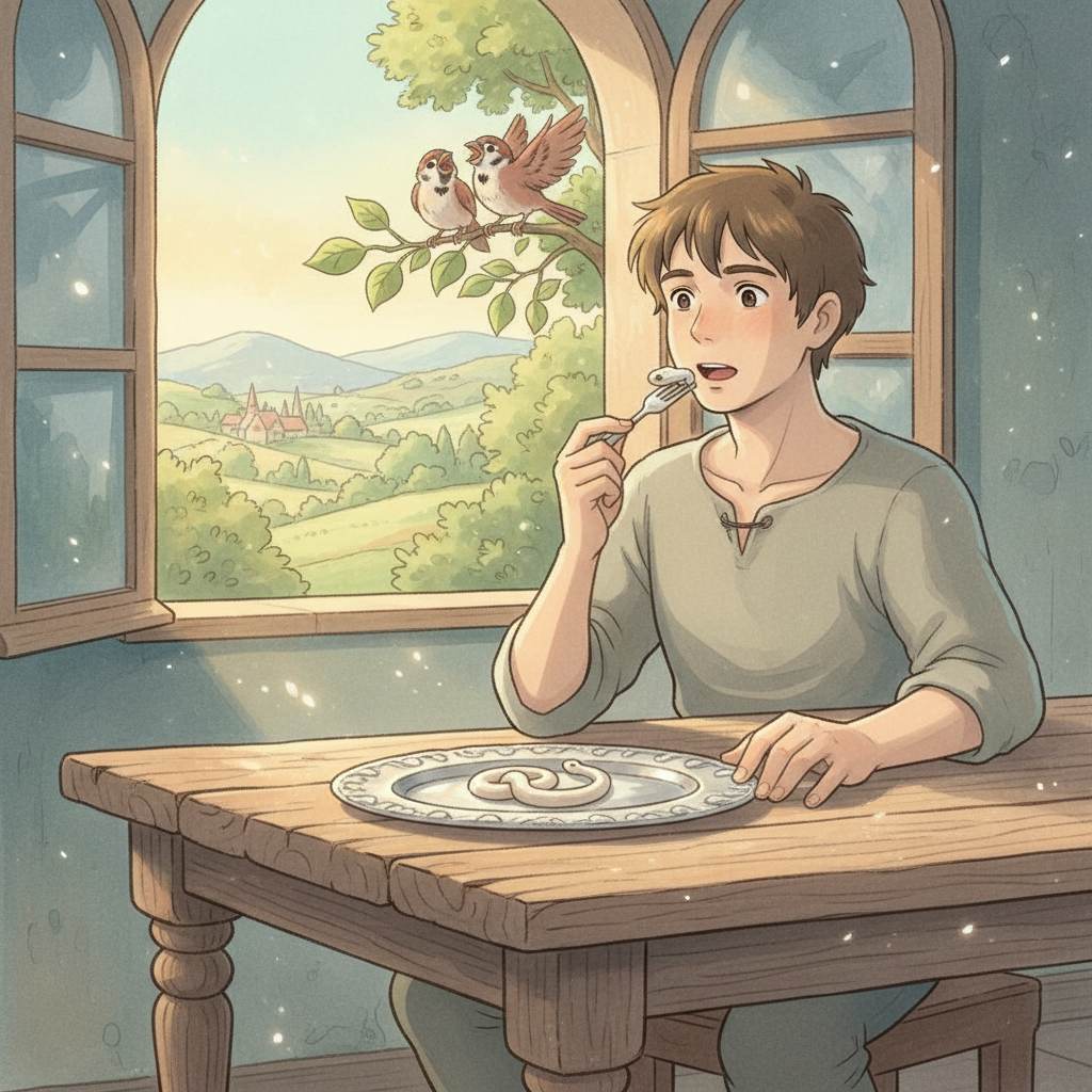 A Ghibli-style illustration of the servant tasting the White Snake.